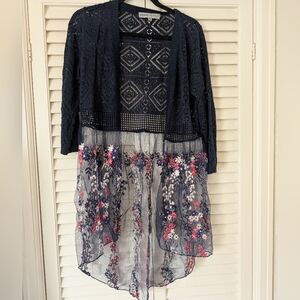 Absolutely Famous Navy Crochet Cardigan w/ Floral Embroidery